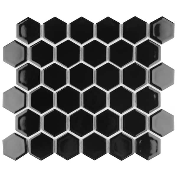 Merola Tile Hudson Due 2" Hex Glossy Black 6 in. x 6 in. Porcelain Mosaic Take Home Tile Sample