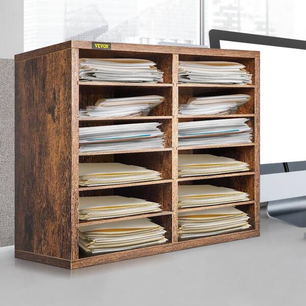 Wood Literature Organizer 12 Compartments Adjustable File Sorter 19.3 in. x  12.2 in. x 16.1 in., Brown, 6 Shelves