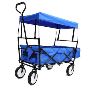 3.6 cu. ft. Blue Fabric Folding Garden Cart with Adjustable Handle and Removable Canopy for Garden, Beach, Shopping