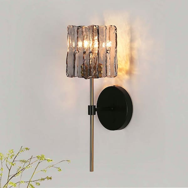 Echonalyri Matte Black 1-Light Modern Glam Wall Sconce Brass Accents with Square Gray Textured Glass Shade for Bathroom