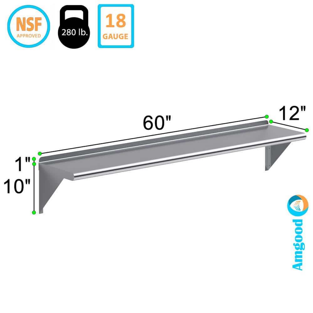 60-Inch Stainless Steel Industrial Wall Shelf with Brackets