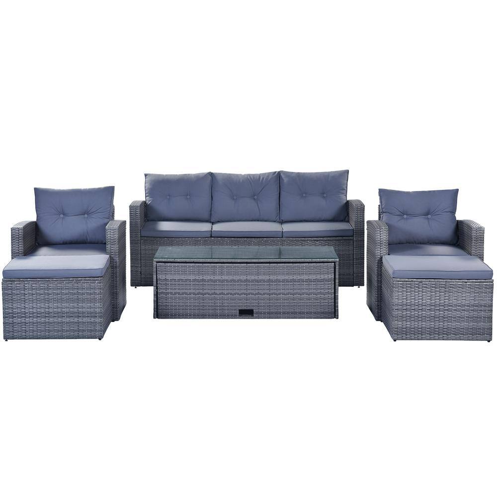 6-Piece Dark Grey Wicker Outdoor Sectional Set, Sofa Set with Light Gray Cu