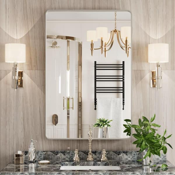 Silver 24 in W x 36 in. H Farmhouse Wall-Mounted Rectangle Metal Framed Mirror with Rounded Corner