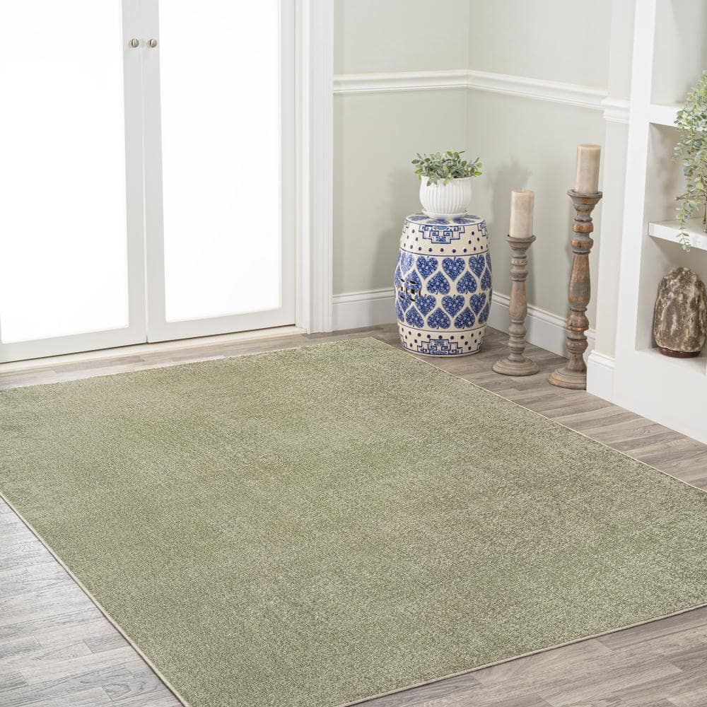 Sage Green Low-Pile Machine-Washable Synthetic Rectangular Area Rug