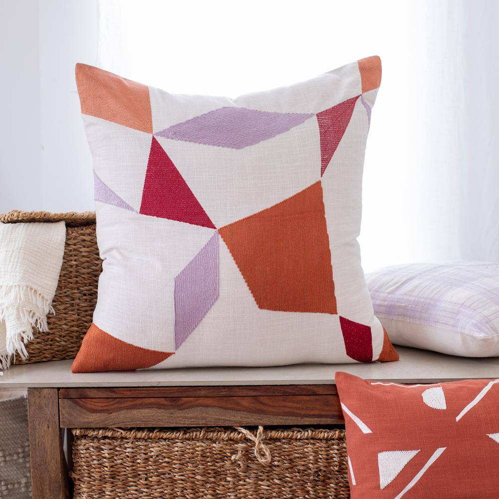 Ivory and Orange Embroidered Cotton Blend Square Throw Pillow