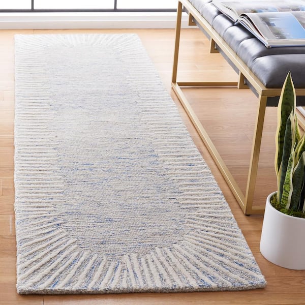 Abstract 2 ft. x 10 Blue/Ivory Geometric Runner Rug