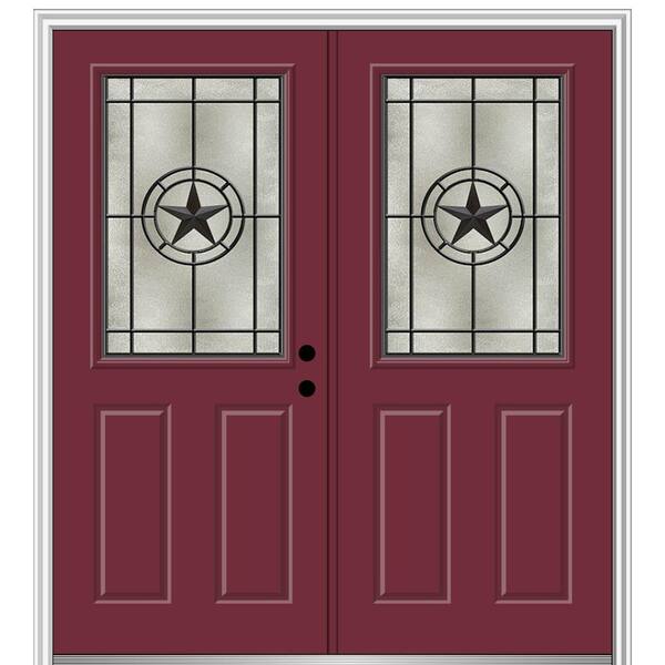 MMI Door Elegant Star 64 in. x 80 in. Left-Hand/Inswing 1/2 Lite Decorative Glass Burgundy Painted Fiberglass Prehung Front Door