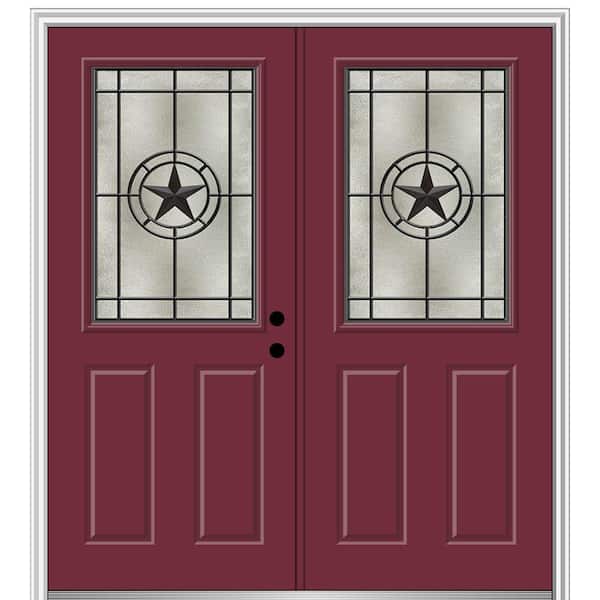 Elegant Star 64 in. x 80 in. Left-Hand/Inswing 1/2 Lite Decorative Glass Burgundy Painted Fiberglass Prehung Front Door