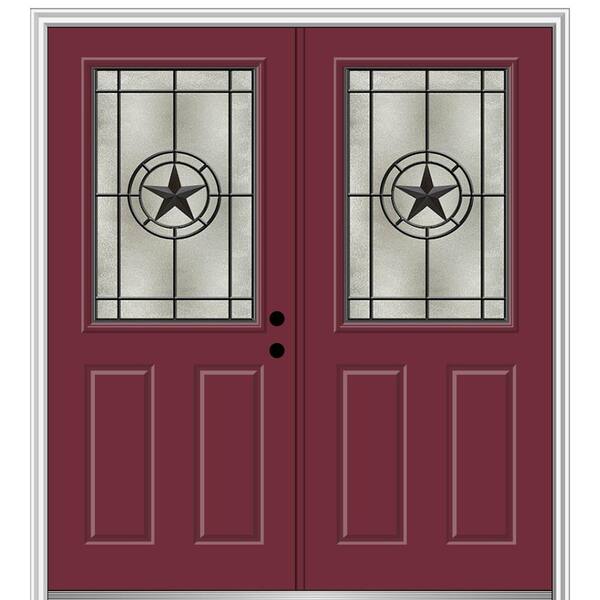 MMI Door Elegant Star 72 in. x 80 in. Left-Hand/Inswing 1/2 Lite Decorative Glass Burgundy Painted Fiberglass Prehung Front Door