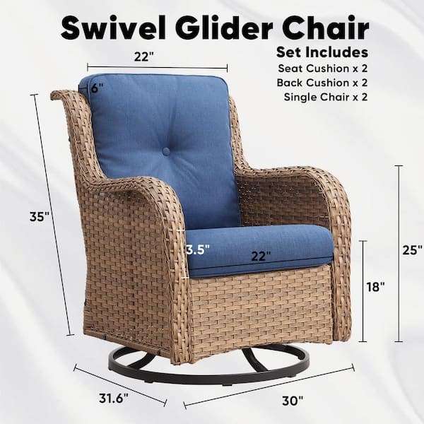 Arcline 3-Piece Yellow Wicker Patio Conversation Set with Olefin Blue Cushions and Swivel Gliders/Side Tables