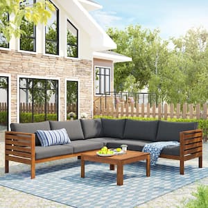 4-Piece Natural Wood Outdoor Sectional Conversation Sofa Set with Gray Removable Cushions and Wood Coffee Table