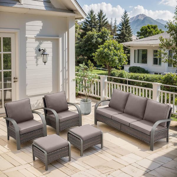 5-Piece Brown Wicker Patio Conversation Set with Gray Olefin Cushions and Lounge Chairs/Ottomans/Couch