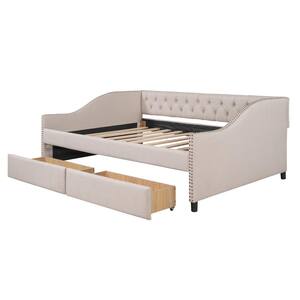 Beige Full Size Upholstered Fabric Daybed with Two Drawers, Slope Armrest with Nail Head Modification
