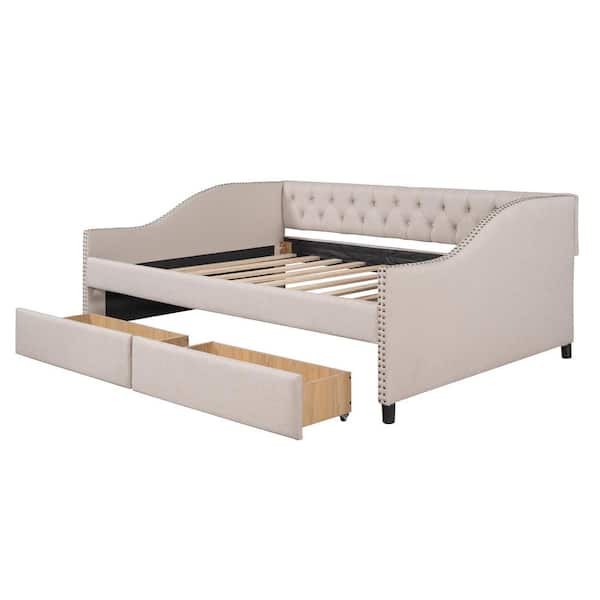 Angel Sar Beige Full Size Upholstered Fabric Daybed with Two Drawers, Slope Armrest with Nail Head Modification