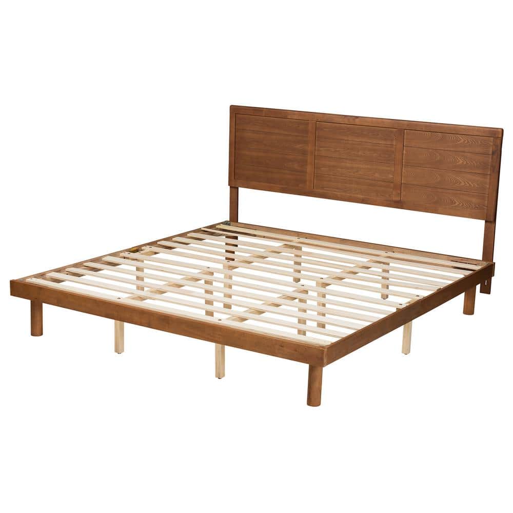 Ash Walnut Finished Wood King Platform Bed with Headboard