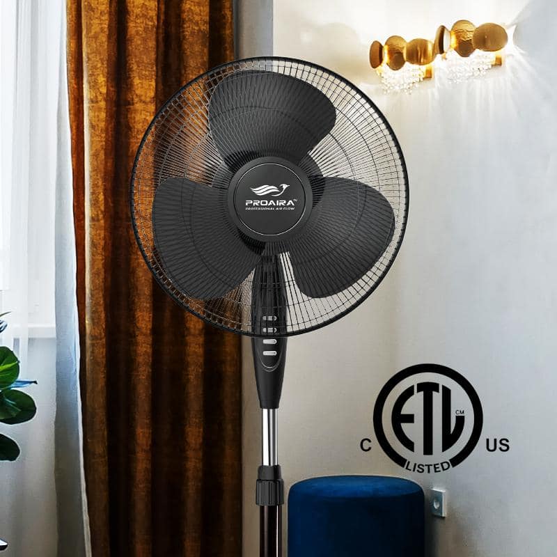 Proaira Black 16" Oscillating Pedestal Fan with Adjustable Height