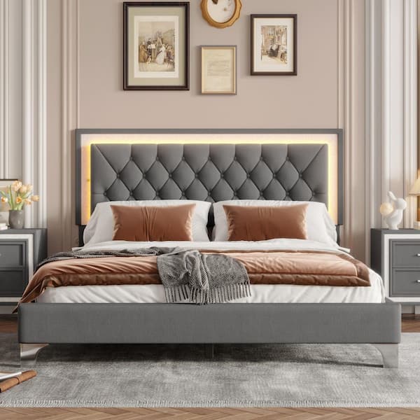 Gray Wood Frame Queen Size Velvet Upholstered Platform Bed with Tufted Headboard and LED Lights