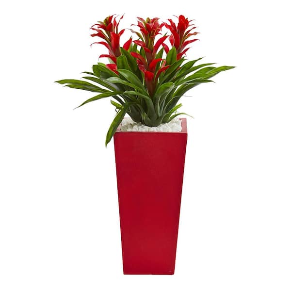 Nearly Natural Triple Red Bromeliad Artificial Plant in Red Planter
