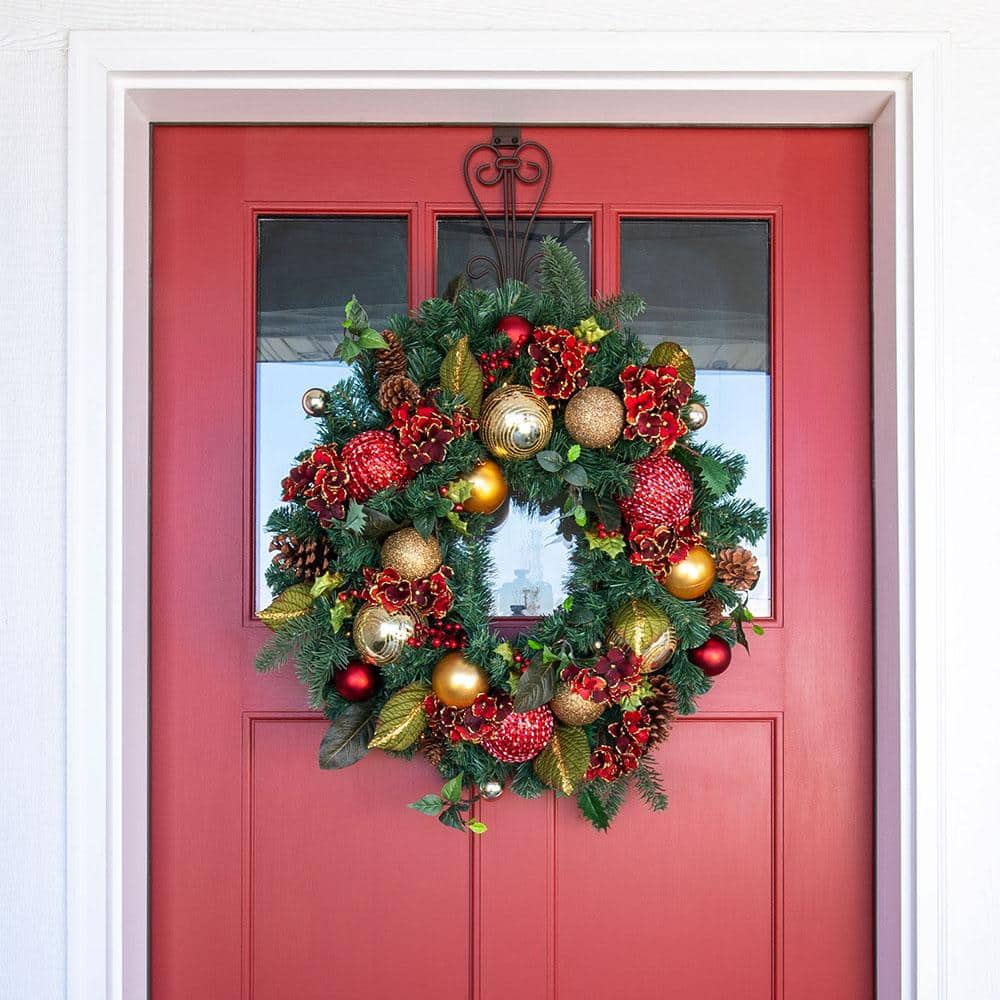 30-Inch Red and Gold Pre-Lit Christmas Wreath with Hydrangeas