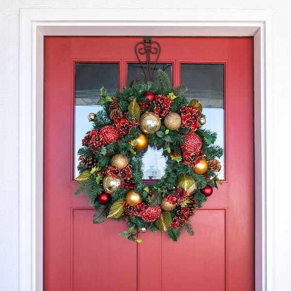 30 in. Artificial Pre-Lit LED Scarlet Hydrangea Wreath