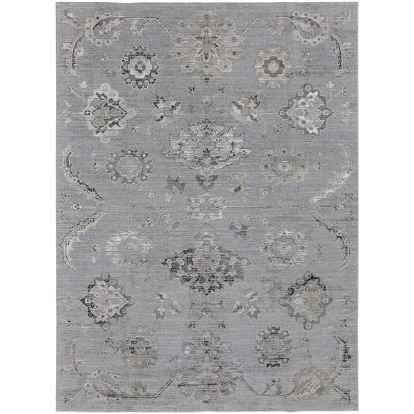 HomeRoots 12 ft. x 15 ft. Black and Silver Floral Area Rug