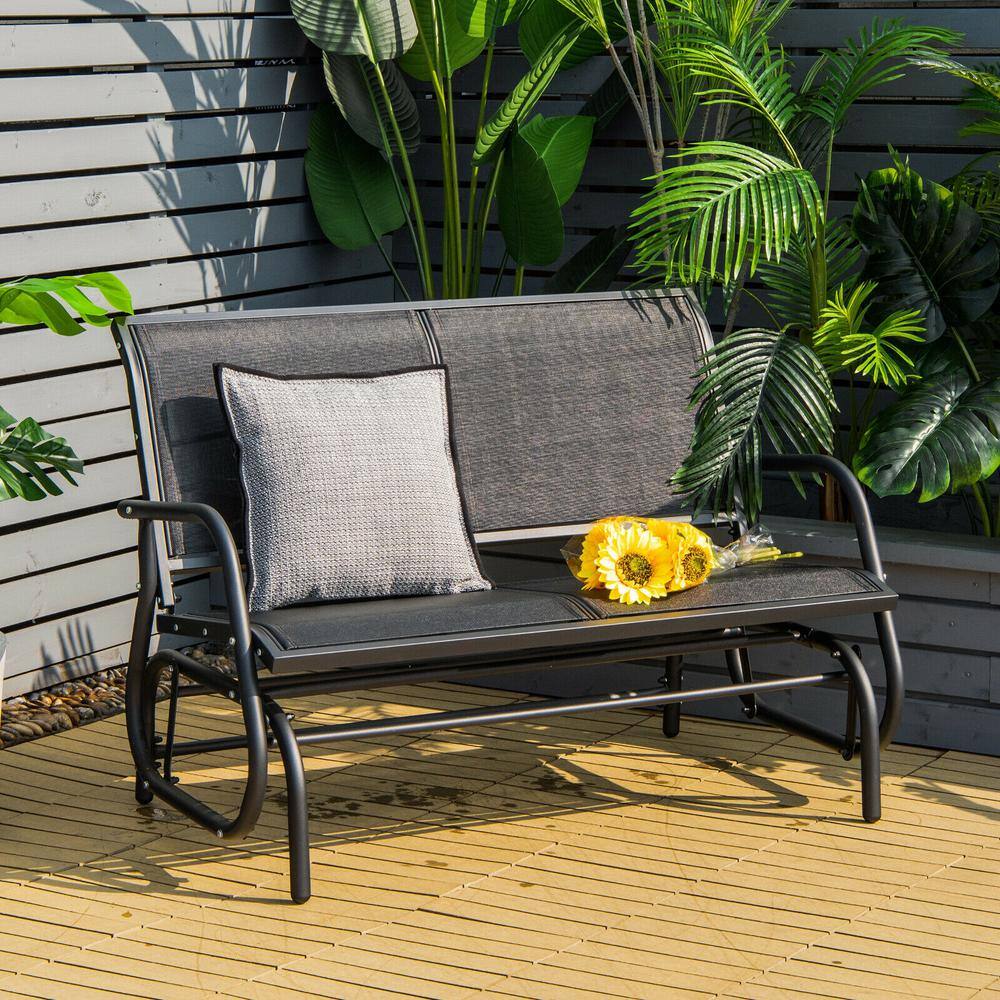 Black Steel Outdoor Glider Bench Loveseat with Mesh Fabric