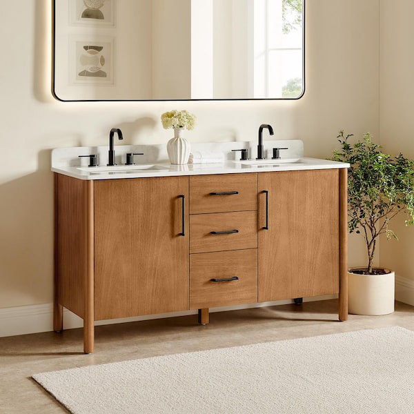 Velora 60 in. Double Freestanding Mango Brown Bath Vanity with Grain White Engineered Stone Top Assembled