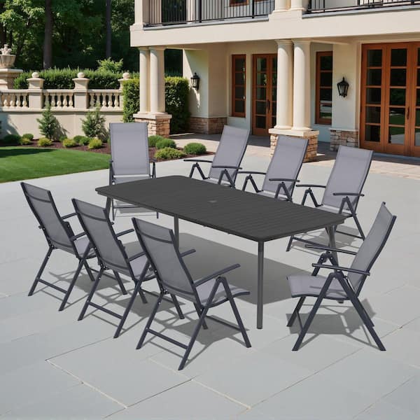 9-Piece Aluminum Outdoor Dining Set with 92.9 in. Table in Black and Foldable Chairs in Gray