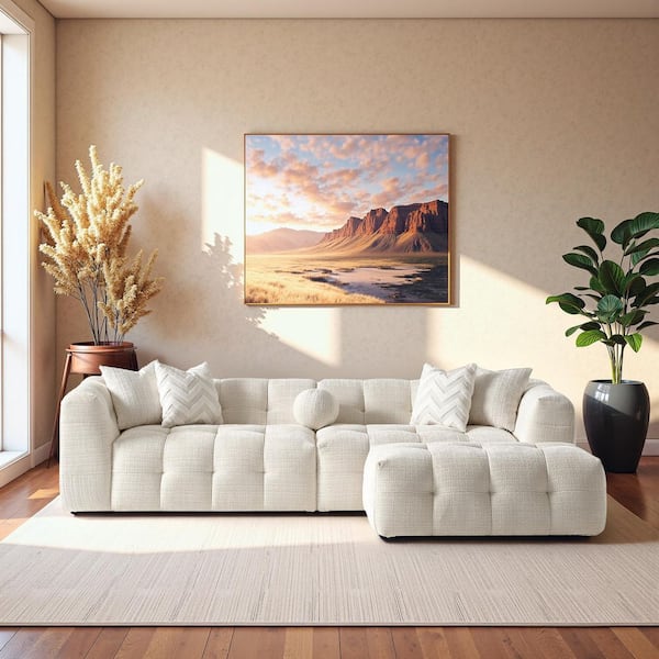 Atlantic 113 in. Round Arm 3-Piece Chenille Fabric Luxury Modular Sectional Sofa in Ivory