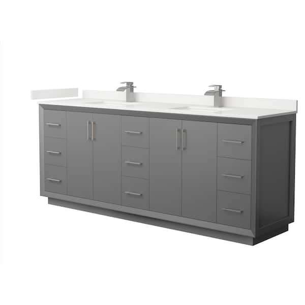 Wyndham Collection Strada 84 in. W x 22 in. D x 35 in. H Double Bath Vanity in Dark Gray with White Quartz Top
