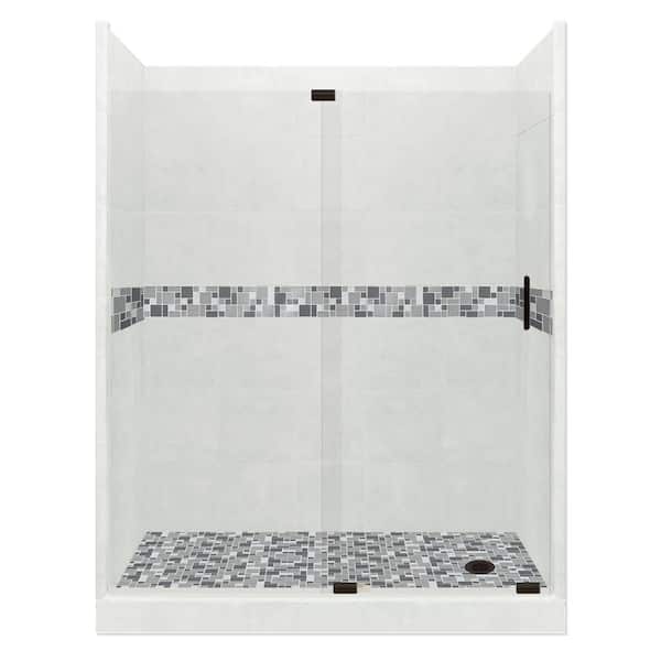 American Bath Factory Newport Grand Slider 32 in. x 60 in. x 80 in. Right Drain Alcove Shower Kit in Natural Buff and Black Pipe Hardware
