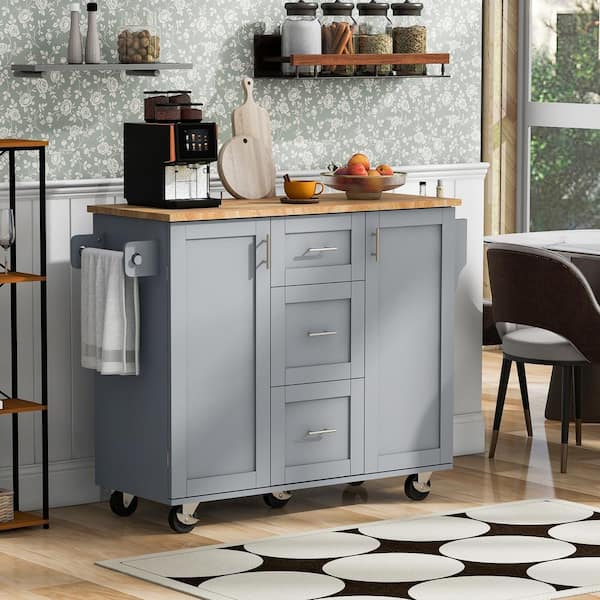 Xspracer Oasis Grey Wood 50 in. Kitchen Island with Storage, Kitchen Cart with Rubber Wood Top, 3-Drawer, 2 Slide-Out Shelf