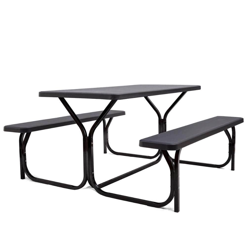 54 in. HDPE Outdoor Picnic Table and Bench Set with Metal Frame and Wood-Grain Surface, Black price history on PriceWatchPro