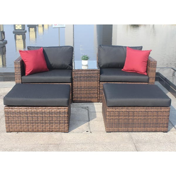 BTMWAY 5-Piece Resin Wicker Patio Conversation Set Outdoor Patio Furniture Set with Black Cushion, Red Pillow, Protection Cover
