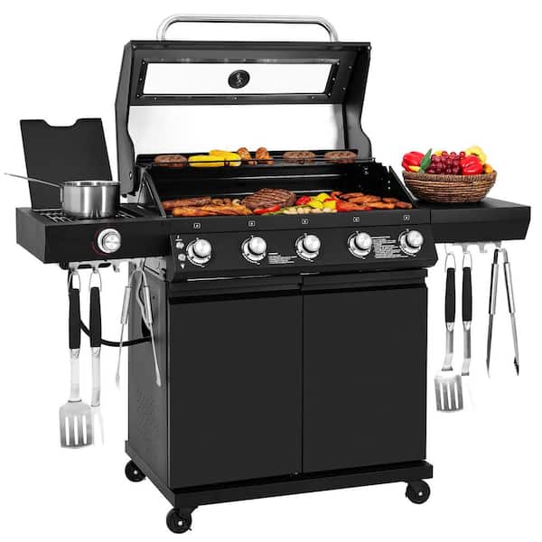 5-Burner Gas Grill, With Infrared Side Burner, 72,000 BTU, Visible Upper Cover, Electronic Ignitor, Black