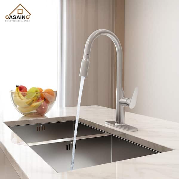 Single Handle Pull-Down Sprayer Kitchen Faucet with Deckplate in Brushed Nickel