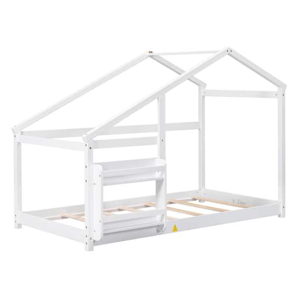 URTR White Twin Size Floor Bed with Shelf for Kids, House Bed withShelf, Montessori Floor Bed Frame with Slats