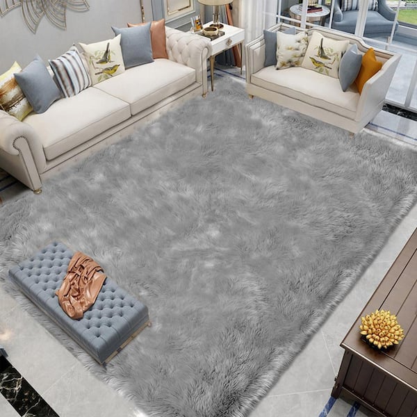 Latepis Sheepskin Faux Furry Grey 6 ft. x 9 ft. Cozy Rugs Area Rug