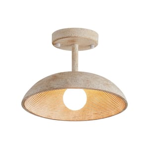 10.6 in 1-Light Wood-colored Farmhouse Semi-Flush Mount with Shade and No Bulbs Included