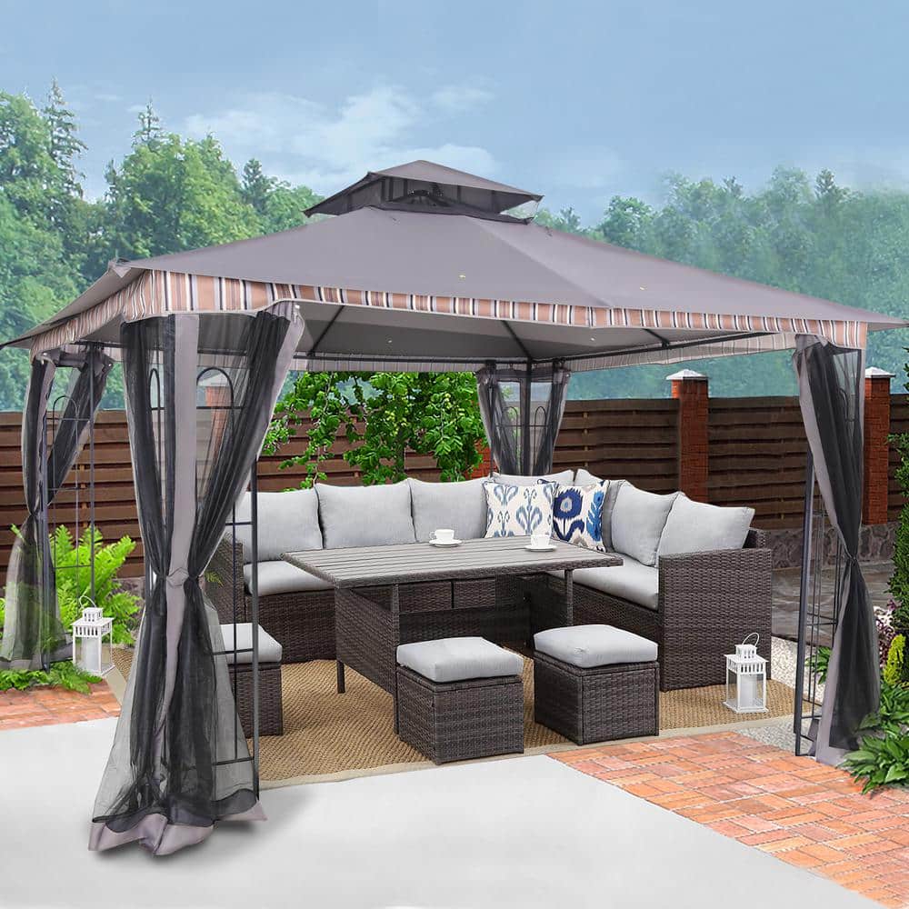 Gray and Black Metal Patio Gazebo with Mosquito Netting