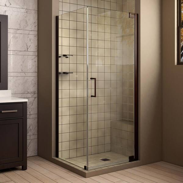 DreamLine Elegance 34 in. x 32 in. x 72 in. Semi-Frameless Pivot Corner Shower Enclosure in Oil Rubbed Bronze with Glass Shelves