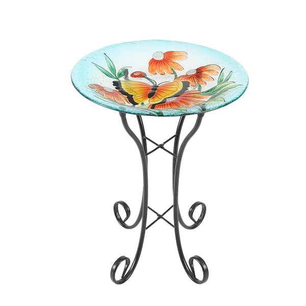 LuxenHome Butterfly and Flowers Glass Bird Bath with Metal Stand