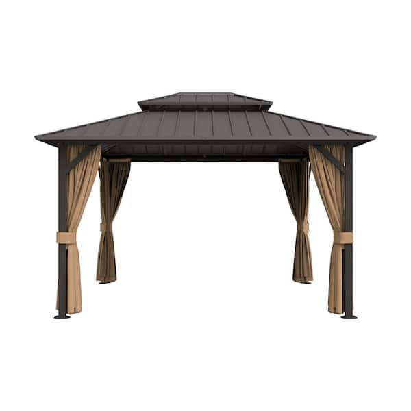 10 ft. x 12 ft. Double Galvanized Steel Roof Aluminum Frame Outdoor Patio Hardtop Gazebo with Netting and Curtains