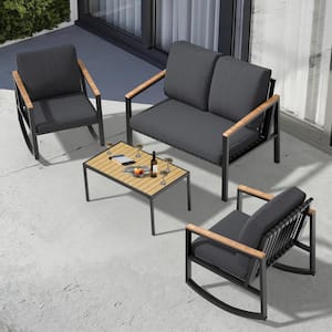 4-Piece Metal Outdoor Patio Conversation Set with Grey Cushions, 2-Rocking Chairs and Coffee Table