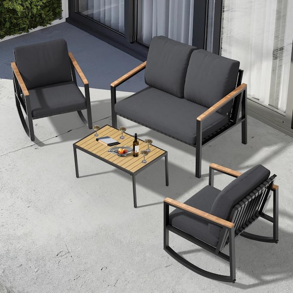 JEAREY 4-Piece Metal Outdoor Patio Conversation Set with Grey Cushions, 2-Rocking Chairs and Coffee Table