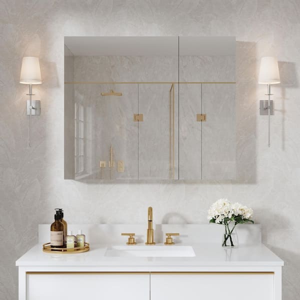 Peony 36 in. W x 30 in. H Rectangular Aluminum Medicine Cabinet with Mirror Combo, Reversible Door, Tri-View, Soft Close