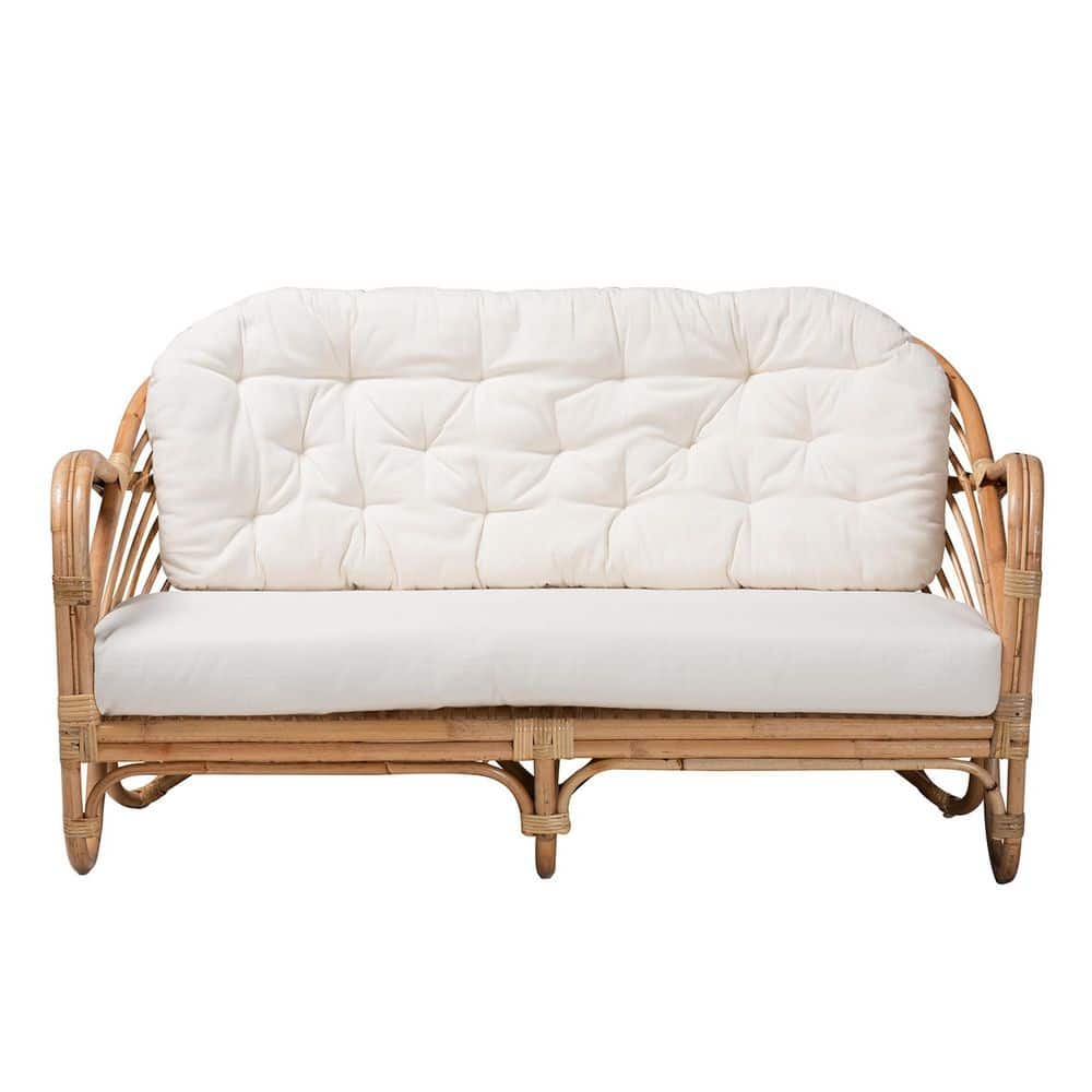 Natural Rattan Loveseat with Tufted Off-White Cushions