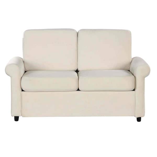 Polibi 57.4 in. Square Arm Velvet Rectangle Sofa with Premium Twin Size Mattress Pad in Beige