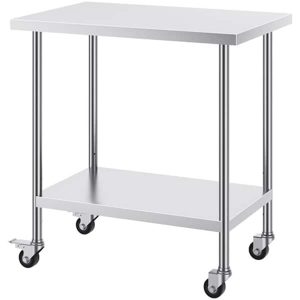 SKYSHALO Stainless Steel Work Table 24 x 36 x 38 In., Silver Kitchen Prep Table with 4 Wheels, 3 Adjustable Height Levels