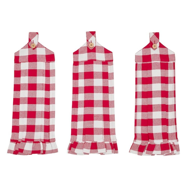 VHC Brands Annie Red Buffalo Check Button Loop Cotton Blend Kitchen Tea Towel Set (Set of 3)